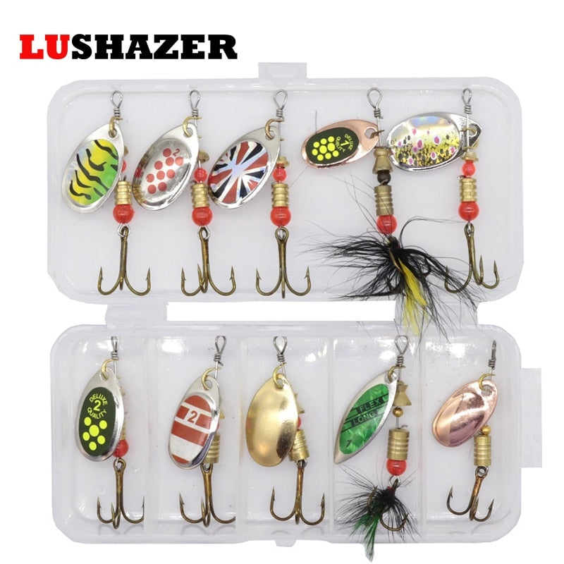 10pcs LUSHAZER Fishing Spoon Lures Spinner Bait Wobbler with Box